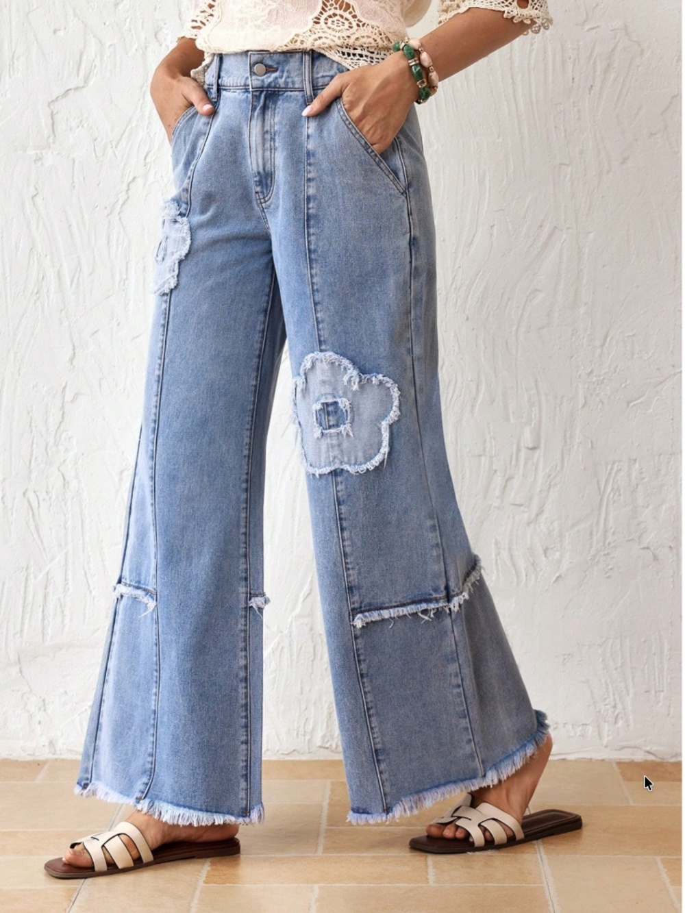 Western Light Wash Flower Patchwork Frayed Hem Wide leg Denim Jeans - Picture 3 of 6